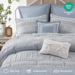 English Elm 7-piece King Jacquard Comforter Set Lace Detail Chambray Cottage Bedroom Ensemble Blue B035P482887