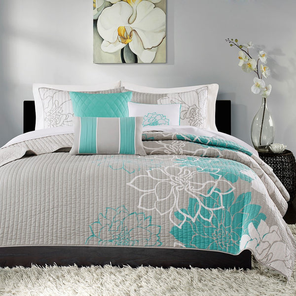 English Elm 6 Piece Printed Cotton Quilt Set with Embroidered Decorative Pillows OEKO-TEX Reversible Floral design for Full/Queen Aqua 22.83 L x 17.72 W x 13.78 H B03597446