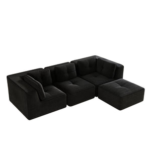 English Elm Modern Corduroy Sectional Sofa Tufted Deep Seat Couch with Movable Ottoman No Assembly Black W714S01790