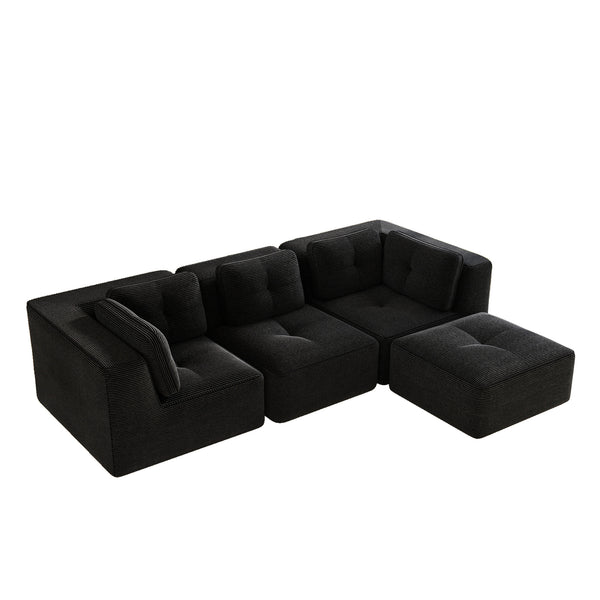 English Elm Modern Corduroy Sectional Sofa Tufted Deep Seat Couch with Movable Ottoman No Assembly Black W714S01790