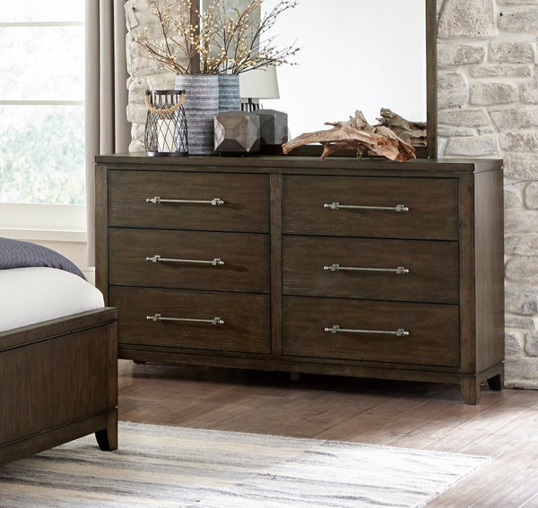 English Elm Contemporary Ash Veneer Six Drawer Dresser Dark Brown Finish with Pewter Bar Pulls B011P208531