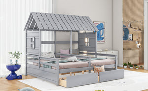 English Elm Twin House Platform Bed with Pitched Roof and Two Under-Drawers for Shared Kids’ Rooms, Durable Pine Gray GX000452AAE