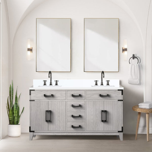 English Elm White Oak Double Bath Vanity With Cultured Marble Top, Chrome Faucet Set & Stylish Mirrors Included B2731S01856-GIGA