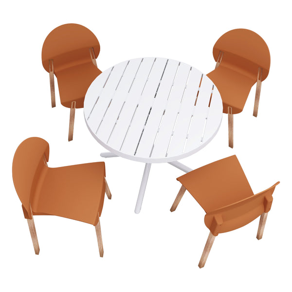 English Elm Summer 5 Piece Round Dining Set Polypropylene Stackable Chairs Oak Legs Modern Style Tropical Orange,White W3450S00037