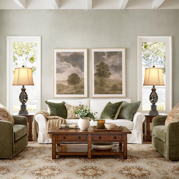 English Elm Table Lamps 28" Tall Set of 2 Rustic Farmhouse Nightstand Lamps with Linen Shades, Nightlight & 4-Way Switch (Black) W3355P379350