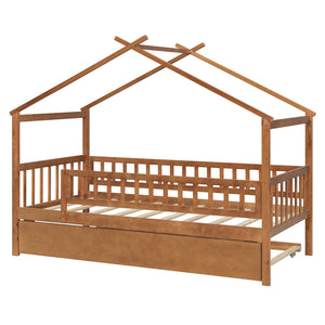 English Elm Twin House Bed with Trundle Solid Pine Frame Walnut Kids Bedroom Sleepover N708P357115L