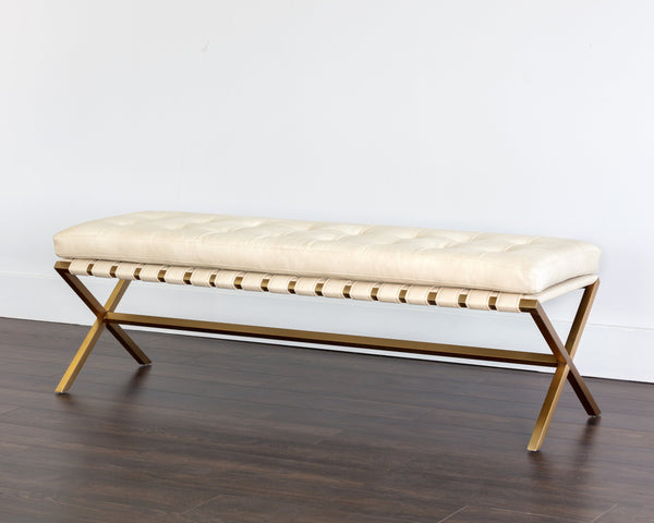 Sunpan Kenji Bench - Elegant Trestle Style with Brushed Gold Finish and Button Tufted Faux Leather Seat Small