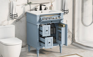 English Elm 24 Inch Freestanding Vanity with Ceramic Sink Rubberwood Frame Matte Finish Storage Blue+Grey N725P356058E
