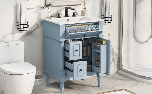 English Elm 24 Inch Freestanding Vanity with Ceramic Sink Rubberwood Frame Matte Finish Storage Blue+Grey N725P356058E