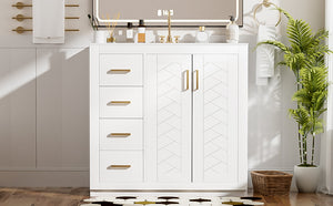 English Elm 36'' Bathroom Vanity with Ceramic Sink Combo, Solid Wood Frame, Soft-Close Drawers and Stylish Retro Groove Design White N710P291684K