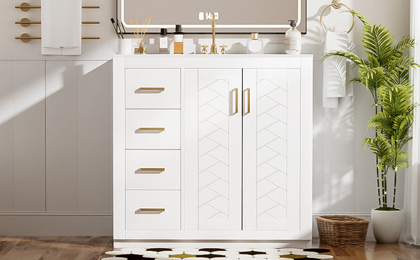 English Elm 36'' Bathroom Vanity with Ceramic Sink Combo, Solid Wood Frame, Soft-Close Drawers and Stylish Retro Groove Design White N710P291684K