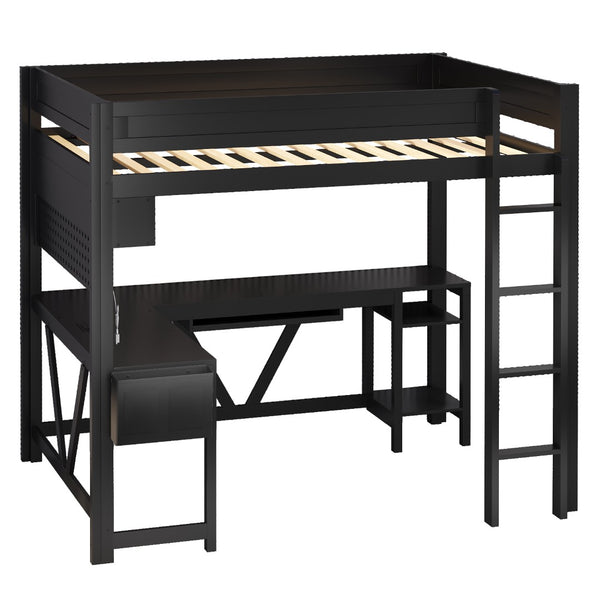 English Elm Wood Full Size Gaming Loft Bed With Integrated Desk, Charging Station & Led Lights - Black Finish N7090004022B-GIGA