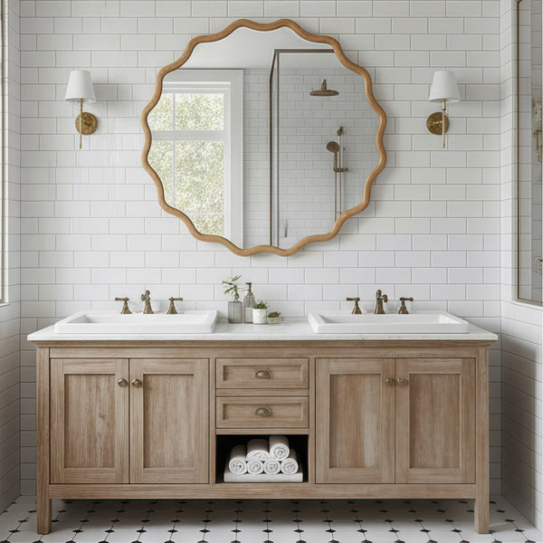 English Elm Natural Wood 30in Wavy Round Solid Wood Frame Decorative Mirror – Rustic Elegant Boho Vanity Accent W2203P389072