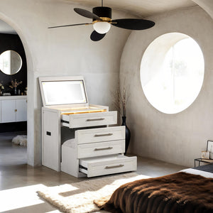 English Elm Bedside Vanity Set with LED Mirror, Jewelry Storage, Charging Ports, Felt Lined Tray, Stool Storage White 34 L x 22 W x 39 H B2741P380817