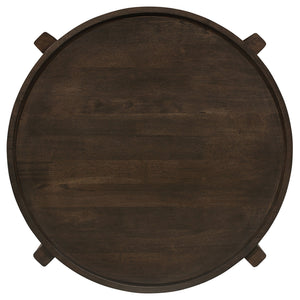 English Elm Mavis Dark Brown Round Solid Wood End Table with Recessed Edge and Cross Beam Legs, 26.25" Wide B062P299904
