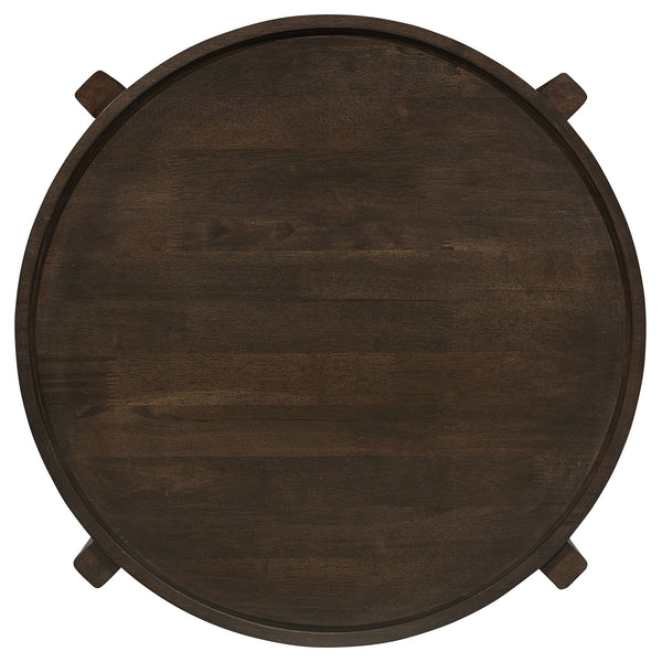 English Elm Mavis Dark Brown Round Solid Wood End Table with Recessed Edge and Cross Beam Legs, 26.25" Wide B062P299904