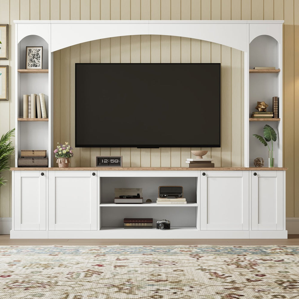 English Elm Arched Farmhouse Entertainment Center with Open Shelving for Living Room White N721S000063K