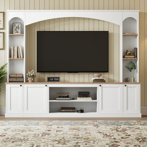 English Elm Arched Farmhouse Entertainment Center with Open Shelving for Living Room White N721S000063K