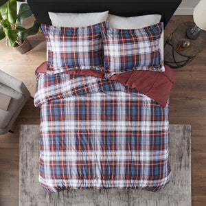 JLA Home Madison Park Essentials - 3M Scotchgard ultra-soft plaid down alternative comforter set – all-season breathable, antimicrobial protection and tailored shams (Twin) Red MPE10-946