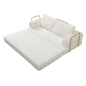 English Elm Convertible Floor Sofa Futon with Corduroy Upholstery for Living Room Lounging and Sleeping Beige W1117P434687