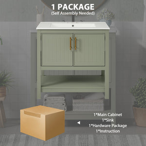 English Elm 30-Inch Green Bathroom Vanity With Ceramic Sink, Elegant Design, Smart Storage For Small Spaces WF325888AAF