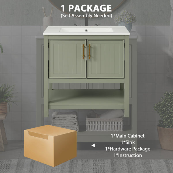 English Elm 30-Inch Green Bathroom Vanity With Ceramic Sink, Elegant Design, Smart Storage For Small Spaces WF325888AAF