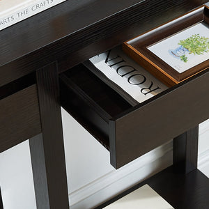 English Elm Entryway Slim Console Table with Hidden Drawer & Floating Shelf, Wooden Legs for Compact Storage and Display B107P302102