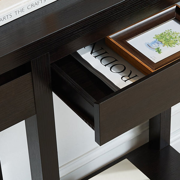 English Elm Entryway Slim Console Table with Hidden Drawer & Floating Shelf, Wooden Legs for Compact Storage and Display B107P302102