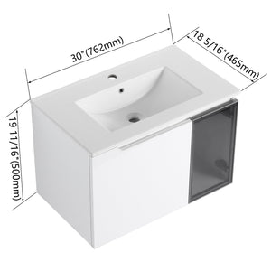 English Elm 30" Floating Bathroom Vanity Glossy White Plywood Cabinet with Frosted Glass Door W999S00524
