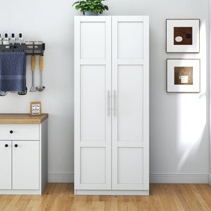 English Elm Pantry Adjustable 2-Door Storage Cabinet with 3 Shelves, Slim White Freestanding Cupboard for Home W331S00076