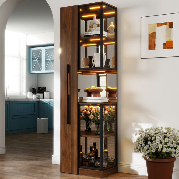 English Elm 70" Glass Display Cabinet with 5-Tier Pull-Out Shelves, Adjustable LED Lighting, Versatile Storage W331S00196