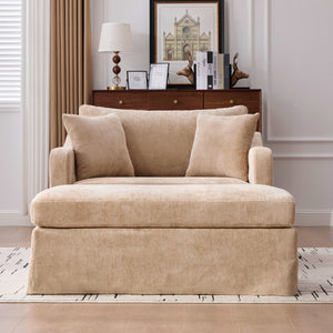 English Elm 43.9" Wide Chenille Accent Chair with Ottoman Bolster Pillows Farmhouse Living Room Set Wheat W3098S00046
