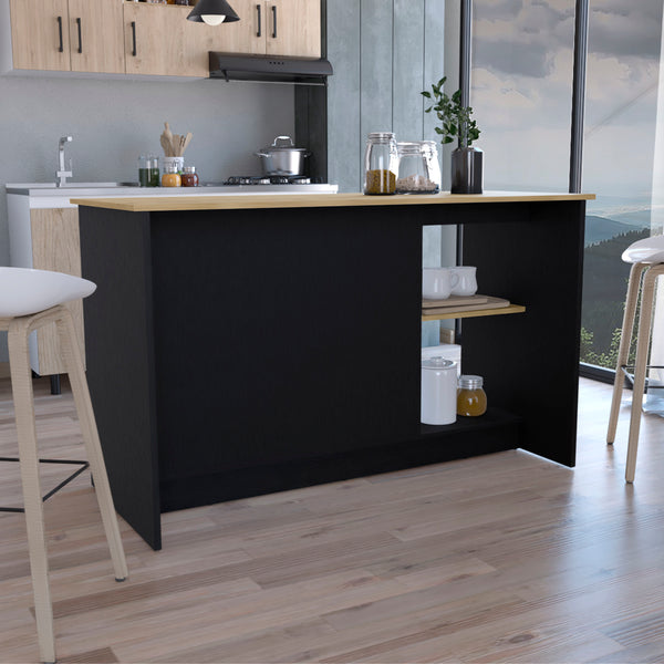 English Elm Juniper Kitchen Island with Spacious 59" Worktop, Double-Door Storage and Open Shelving for Cooktops Black + Dark Walnut 64 L x 29 W x 3 H B200S00396