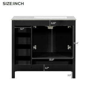 English Elm 36" Black Bathroom Vanity with Ceramic Sink, 2 Soft-Close Doors & 5 Drawers, Modern Storage Elegance N729P183735B