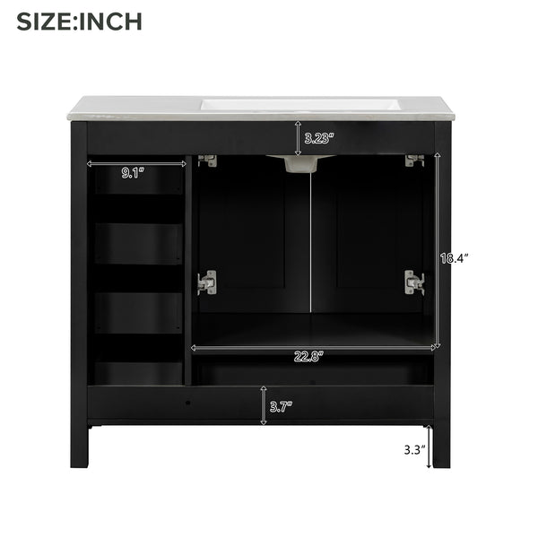 English Elm 36" Black Bathroom Vanity with Ceramic Sink, 2 Soft-Close Doors & 5 Drawers, Modern Storage Elegance N729P183735B