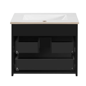 English Elm 24inch Bathroom Vanity with Sink - Wall-Mounted Floating Combo with Ceramic Basin, Modern L-Handle Design Black N710S324097B