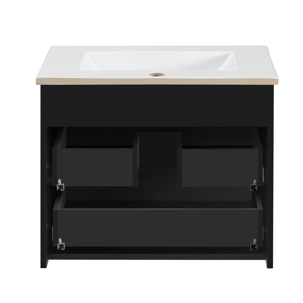 English Elm 24inch Bathroom Vanity with Sink - Wall-Mounted Floating Combo with Ceramic Basin, Modern L-Handle Design Black N710S324097B