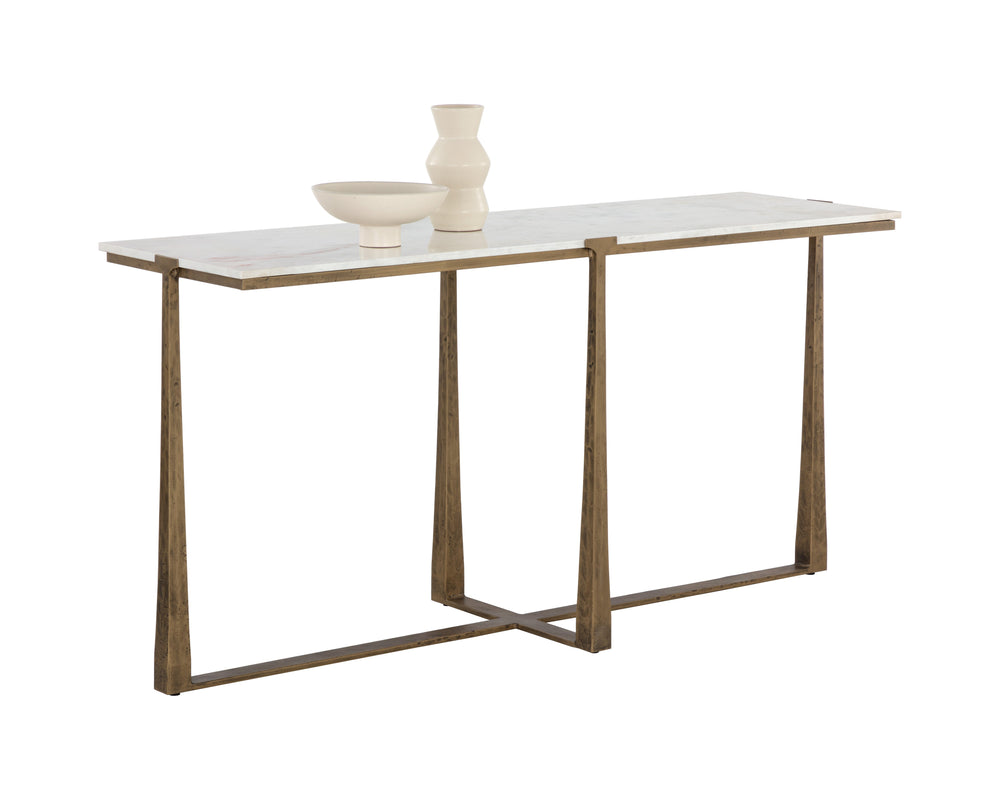 Sunpan Cowell Console Table - Chic Mid-Century Design with Unique White Marble Top & Antique Brass Legs