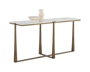 Sunpan Cowell Console Table - Chic Mid-Century Design with Unique White Marble Top & Antique Brass Legs