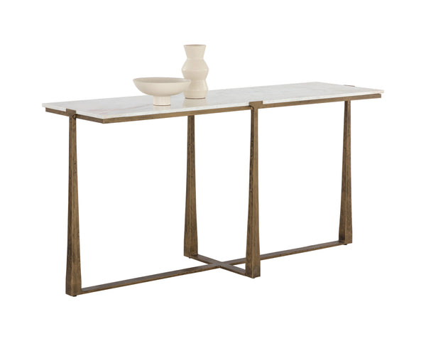 Sunpan Cowell Console Table - Chic Mid-Century Design with Unique White Marble Top & Antique Brass Legs
