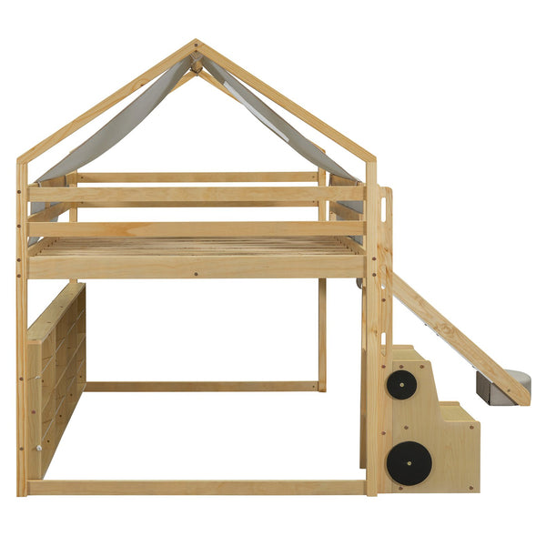 English Elm Full Size Kids House Loft Bed Pinewood Frame with Tent Slide and Play Storage Natural LT000683AAD