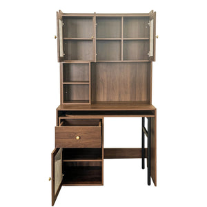 English Elm Computer Desk with Glass Doors, Hutch & Drawer Storage, Rotating 90° Desktop and Spacious Work Surface Walnut W331S00195
