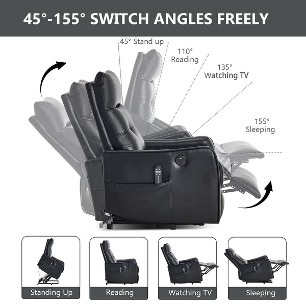 English Elm Black Pu Leather Power Lift Recliner with Massage Heat and Usb for Senior Living W1803P364102