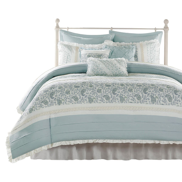 English Elm King Dawn 9-Piece Cotton Percale Duvet Cover Set — Paisley Pintuck with Lace Trim, Ruched Flange, OEKO-TEX Certified B03597320