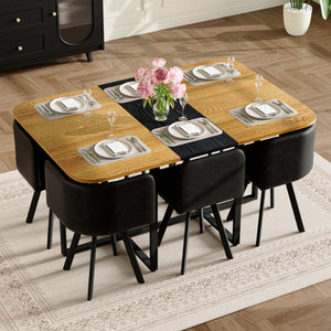English Elm 7-piece Rectangular Dining Set Two-tone Triamine Top with Oil-waxed Leather Chairs W3875S00124