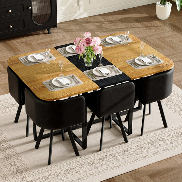 English Elm 7-piece Rectangular Dining Set Two-tone Triamine Top with Oil-waxed Leather Chairs W3875S00124