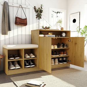English Elm U_style Entryway Console Set with Wavy Doors Cushioned Bench and Adjustable Shoe Storage N711P345166O