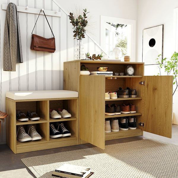 English Elm U_style Entryway Console Set with Wavy Doors Cushioned Bench and Adjustable Shoe Storage N711P345166O