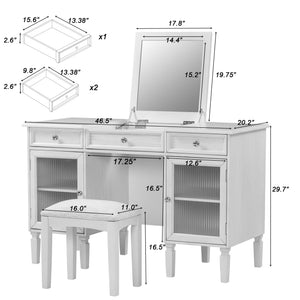English Elm 2-in-1 Vanity Desk with Flip Mirror and Ample Storage — White Oak Dressing Table & Workstation N844P292487E