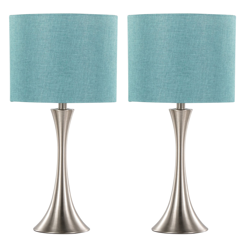 English Elm 24" Brushed Nickel Hourglass Table Lamp Set Turquoise Linen Shade Bedroom Pair B202P224071